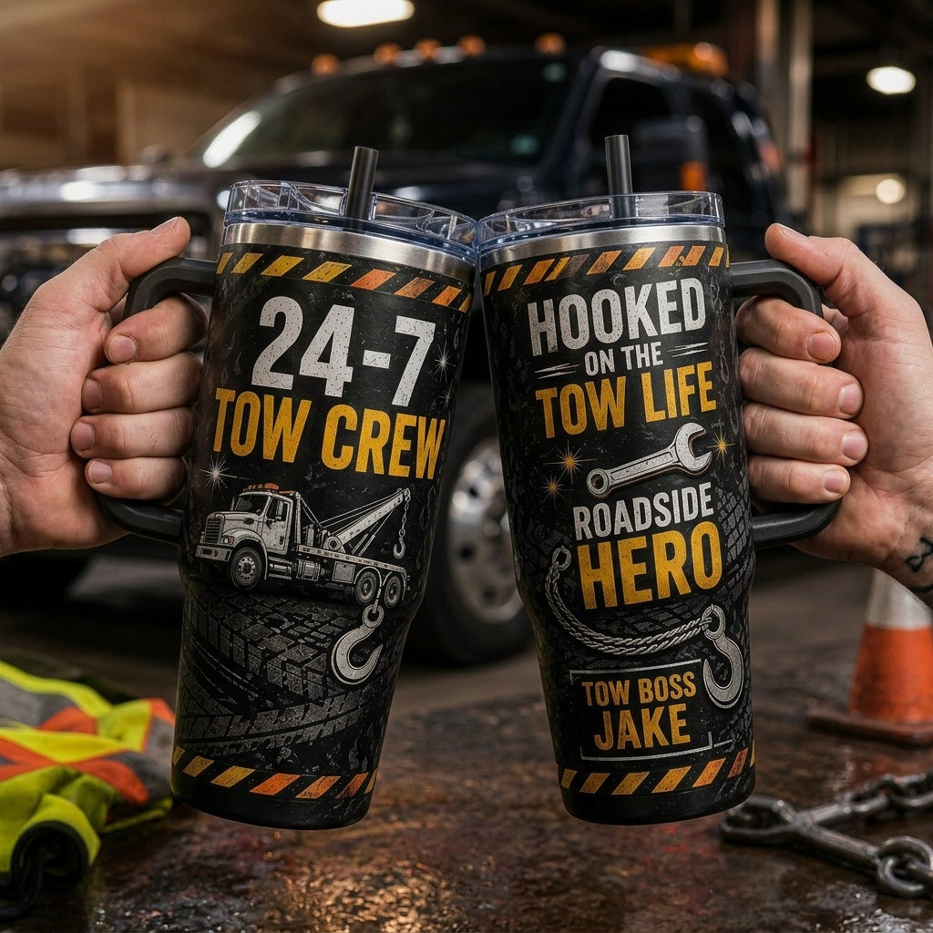 Personalized 40oz Tumbler with Handle - Tow Crew Roadside Hero Custom Name Gift for Tow Truck Drivers