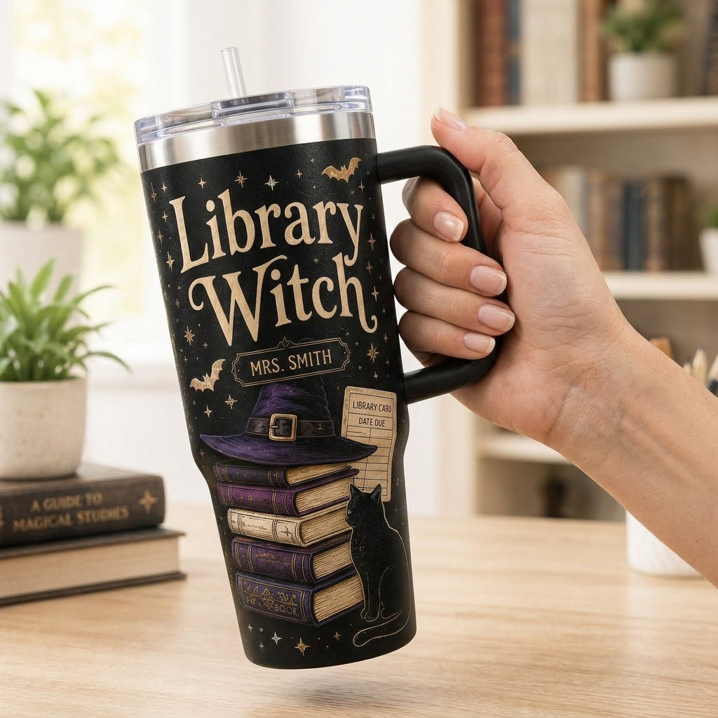 Personalized Library Witch 40oz Tumbler with Handle, Custom Name Book Lover Gift, Dark Academia Witchy Gifts