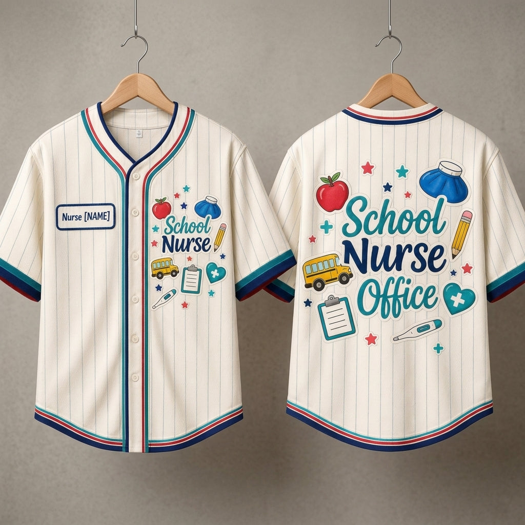 Personalized School Nurse Office Baseball Jersey - Custom Name Button Up Shirt for School Nursing Staff & Health Heroes