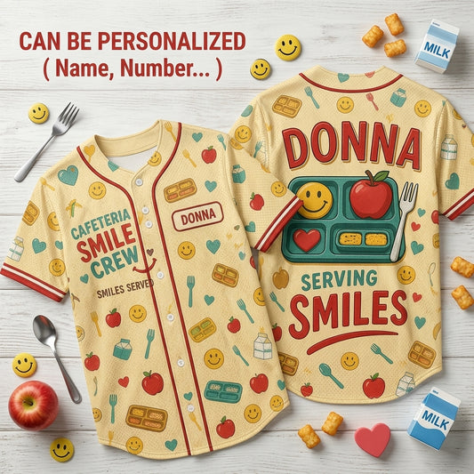 Personalized Cafeteria Smile Crew Baseball Jersey - Custom Name Gift for Lunch Ladies & School Nutrition Workers
