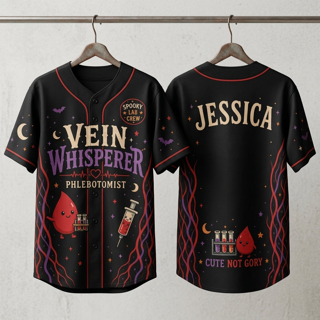 Personalized Vein Whisperer Phlebotomist Baseball Jersey - Custom Name Spooky Lab Crew Healthcare Gift