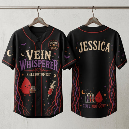 Personalized Vein Whisperer Phlebotomist Baseball Jersey - Custom Name Spooky Lab Crew Healthcare Gift