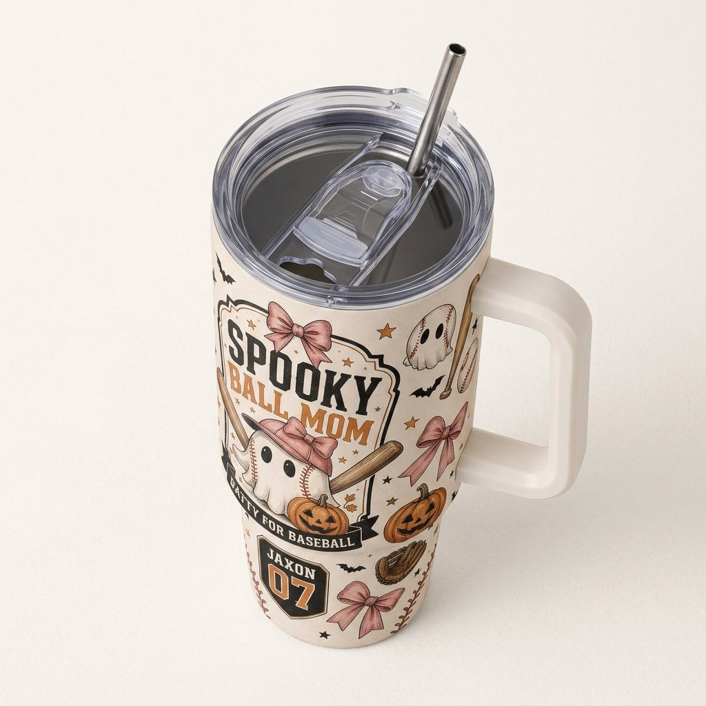 Personalized Spooky Ball Mom 40oz Tumbler with Handle - Custom Baseball Ghost Halloween Gift