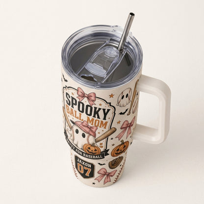 Personalized Spooky Ball Mom 40oz Tumbler with Handle - Custom Baseball Ghost Halloween Gift