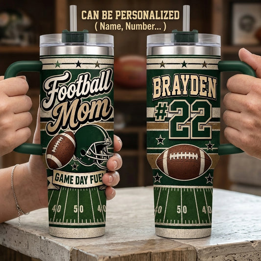 Personalized Football Mom 40oz Tumbler with Handle - Custom Name and Number Game Day Gift