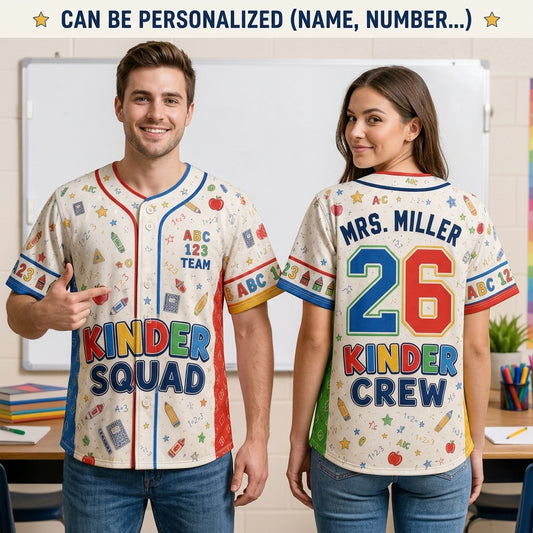 Personalized Kindergarten Teacher Baseball Jersey - Custom Name Kinder Squad School Spirit Gift