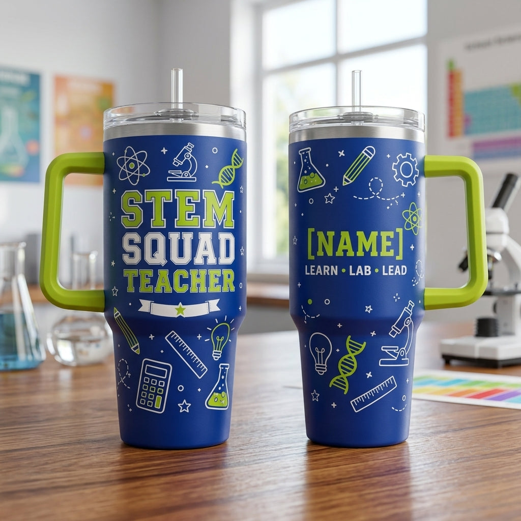 Personalized STEM Squad Teacher 40oz Tumbler with Handle - Custom Name Gift for Science & Math Educators