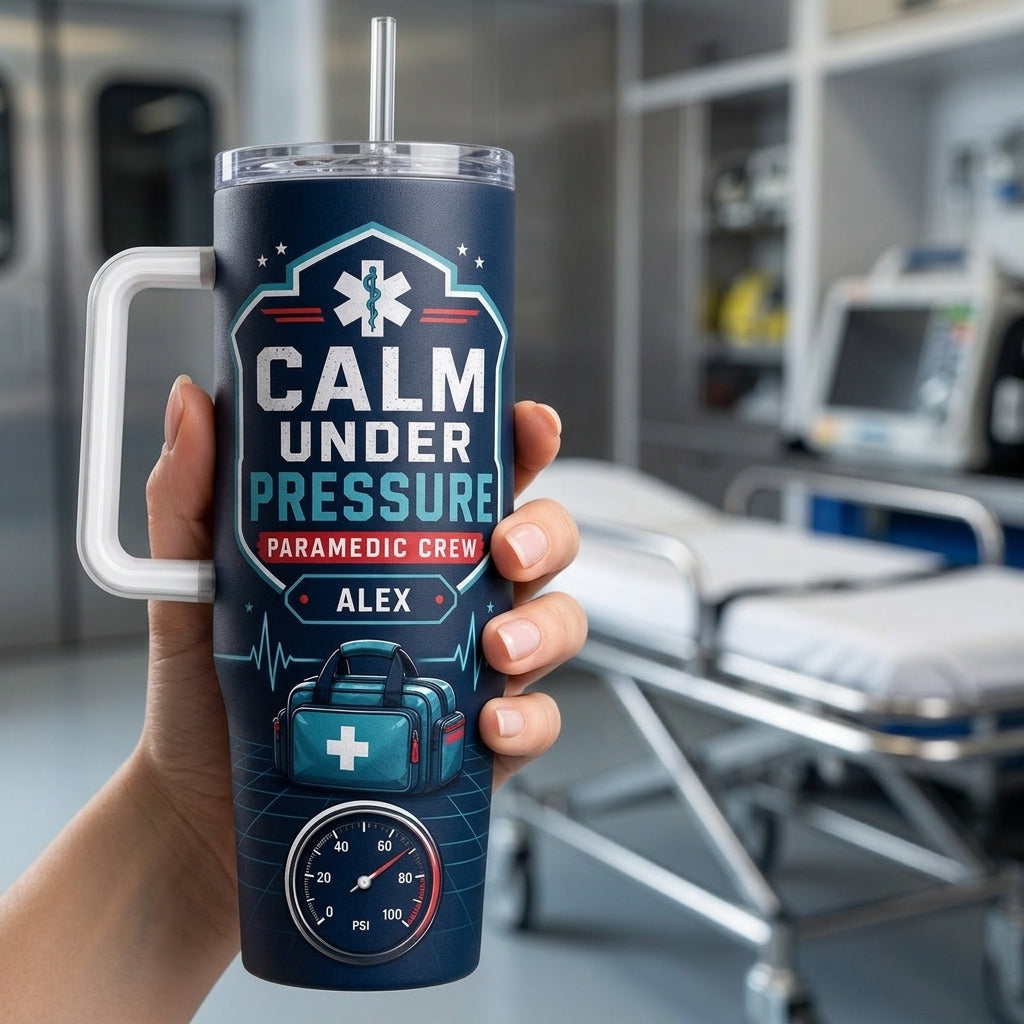 Personalized Paramedic Calm Under Pressure 40oz Tumbler with Handle, Custom Name EMS First Responder Gift