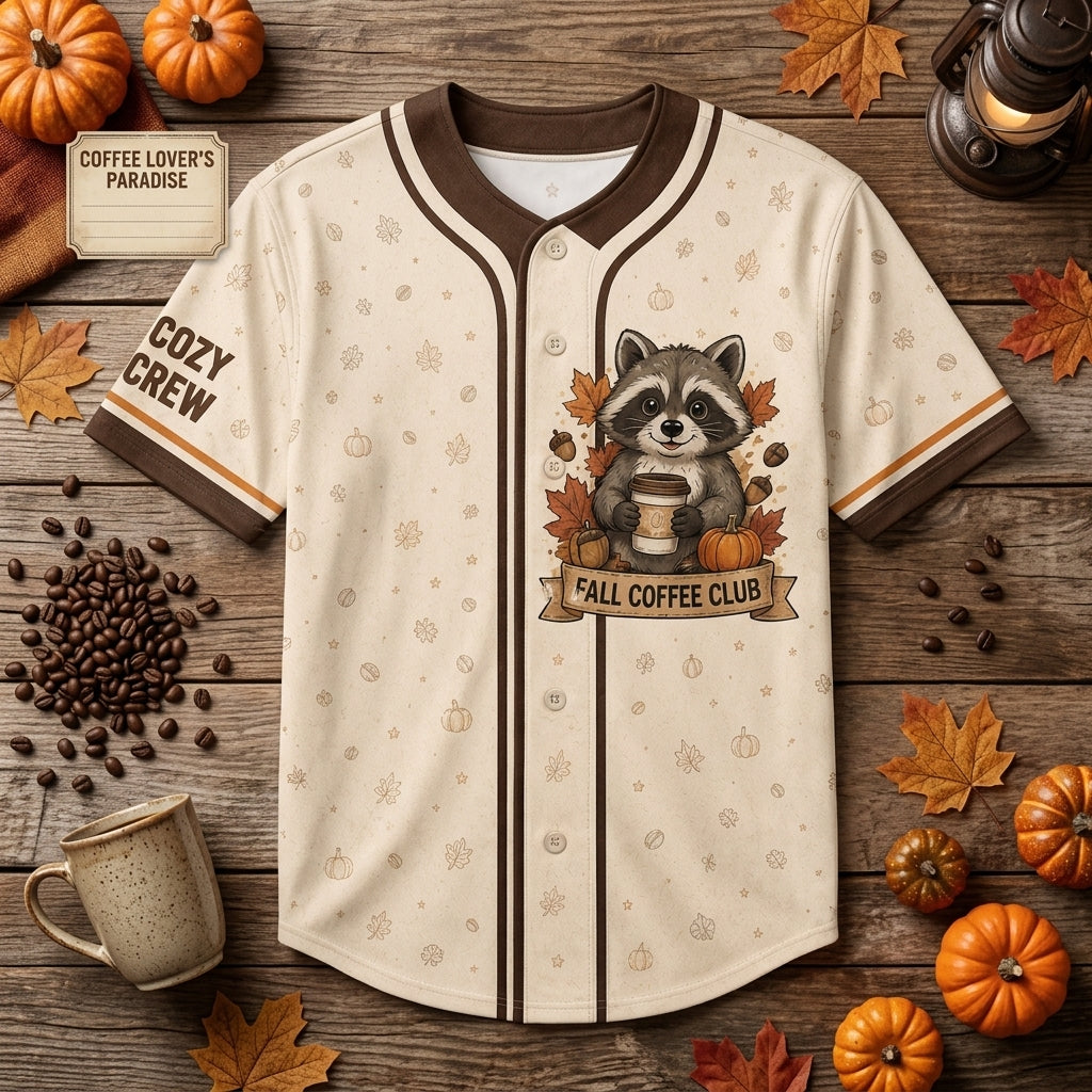 Personalized Fall Coffee Club Raccoon Baseball Jersey - Custom Name & Number Cozy Autumn Apparel for Coffee Lovers