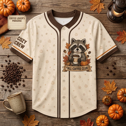 Personalized Fall Coffee Club Raccoon Baseball Jersey - Custom Name & Number Cozy Autumn Apparel for Coffee Lovers