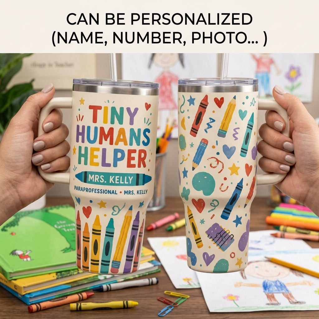 Personalized Tiny Humans Helper 40oz Tumbler with Handle - Custom Name Teacher & Paraprofessional Gift