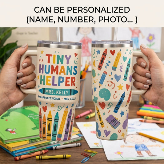 Personalized Tiny Humans Helper 40oz Tumbler with Handle - Custom Name Teacher & Paraprofessional Gift