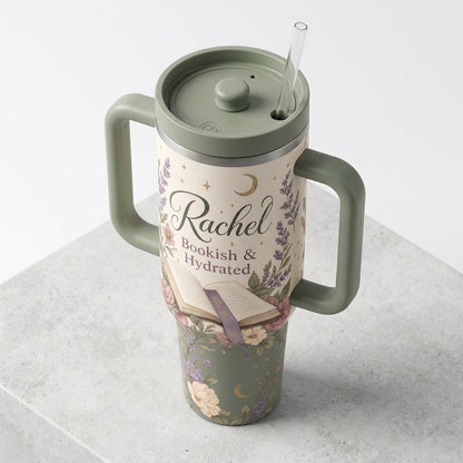 Personalized Bookish and Hydrated 40oz Tumbler with Handle - Custom Name Floral Book Lover Gift