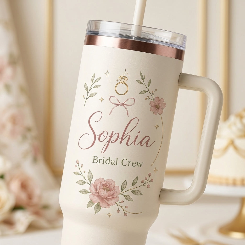 Personalized Bridal Crew 40oz Tumbler with Handle - Custom Maid of Honor Gift with Name and Date - Floral Wedding Mug