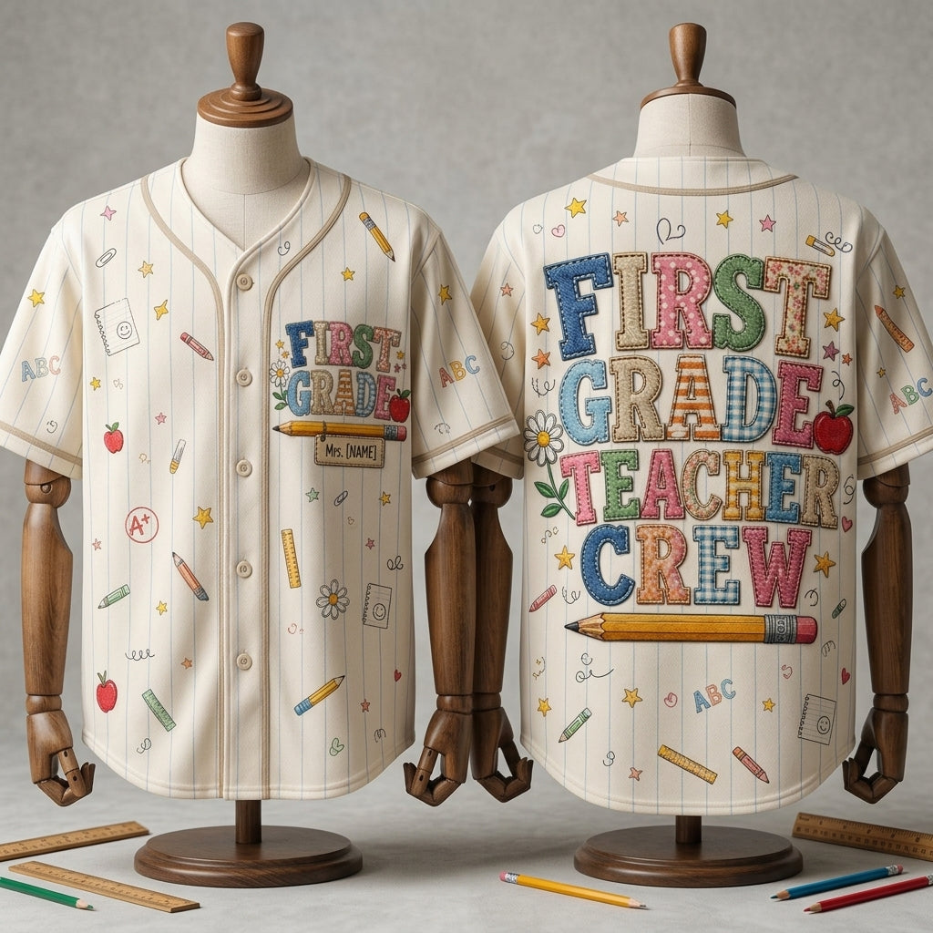 Personalized First Grade Teacher Crew Baseball Jersey - Custom School Spirit Shirt for 1st Grade Educators