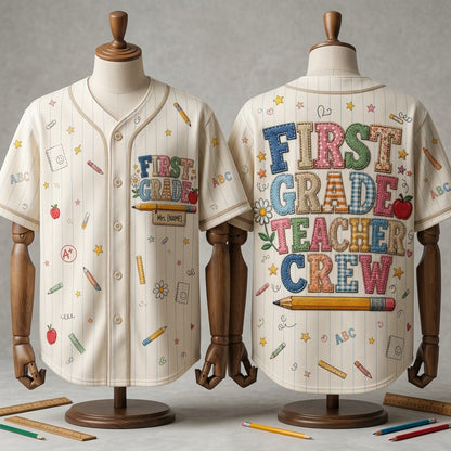 Personalized First Grade Teacher Crew Baseball Jersey - Custom School Spirit Shirt for 1st Grade Educators