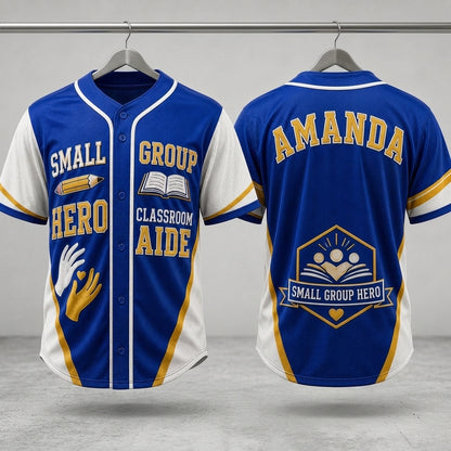 Personalized Small Group Hero Classroom Aide Baseball Jersey - Custom Teacher Appreciation Apparel