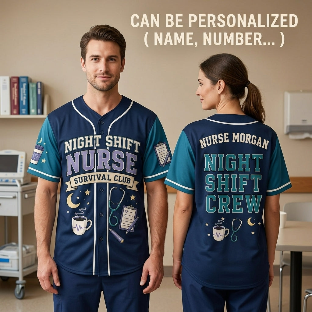 Personalized Night Shift Nurse Survival Club Baseball Jersey - Custom Name Nursing Crew Gift