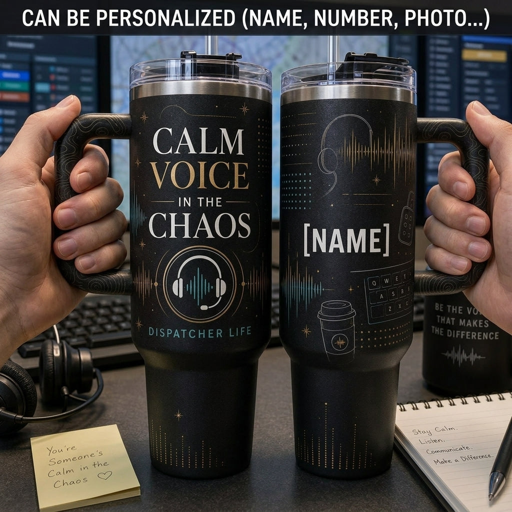 Personalized Calm Voice In The Chaos 40oz Tumbler with Handle - Custom Name Dispatcher Life Gift
