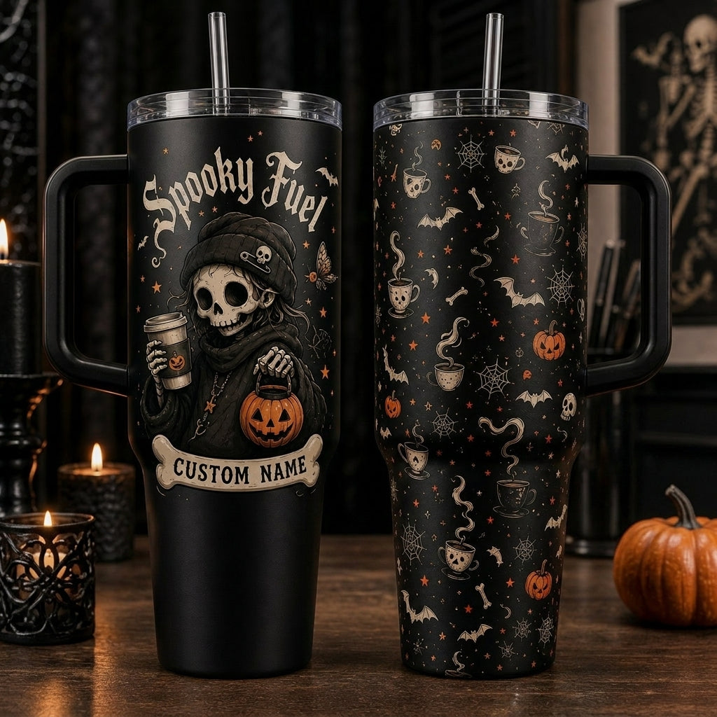 Personalized Spooky Fuel 40oz Tumbler with Handle - Custom Name Halloween Skeleton Coffee Mug