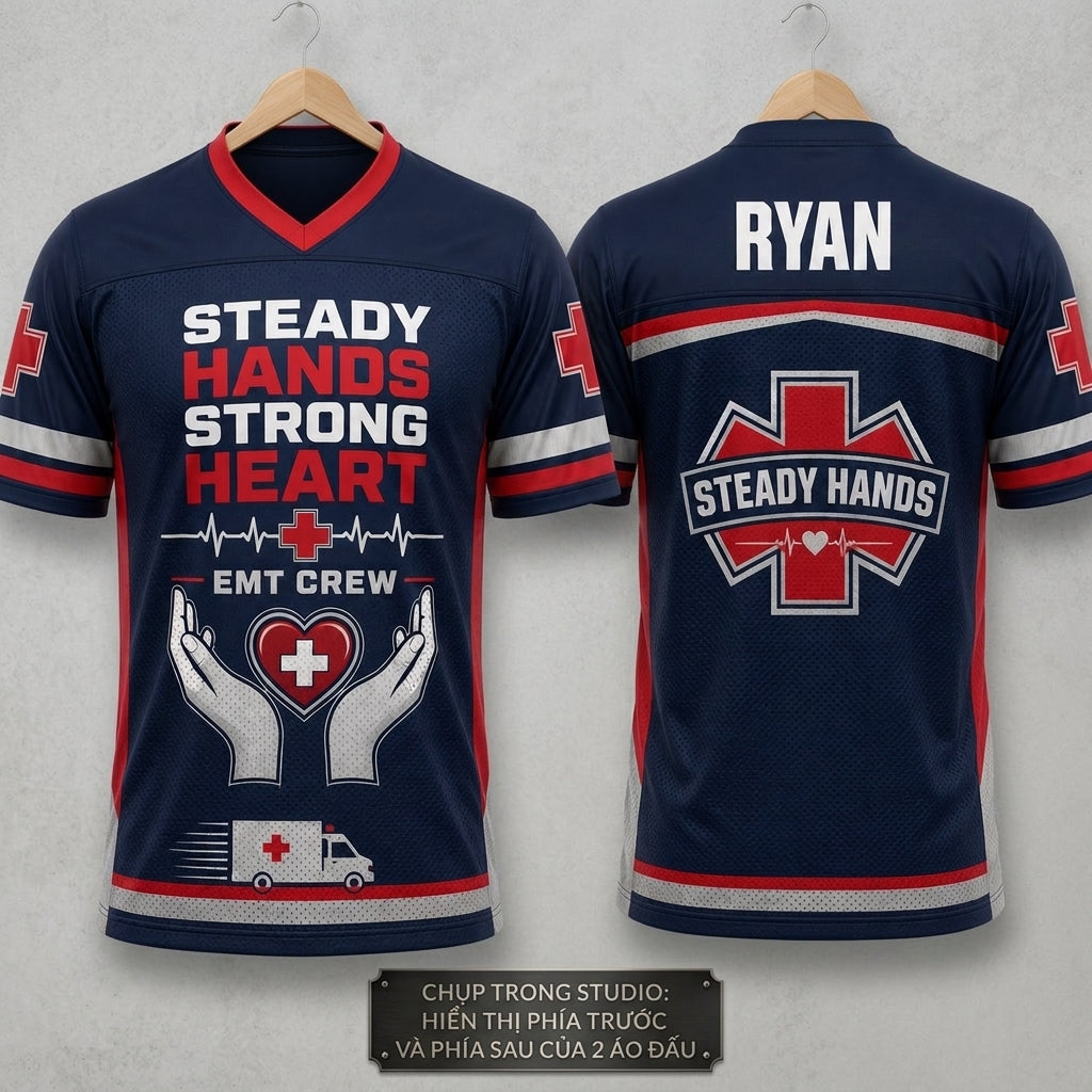Personalized EMT Football Jersey - Steady Hands Strong Heart Custom Name First Responder Apparel
