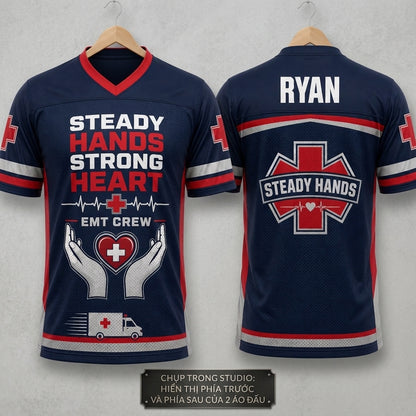 Personalized EMT Football Jersey - Steady Hands Strong Heart Custom Name First Responder Apparel