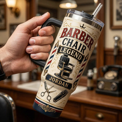 Personalized Barber Chair Legend 40oz Tumbler with Handle - Custom Name Vintage Barbershop Gift