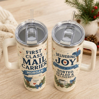 Personalized Mail Carrier 40oz Tumbler with Handle - Custom Postal Worker Gift - Delivering Joy Holiday Travel Mug