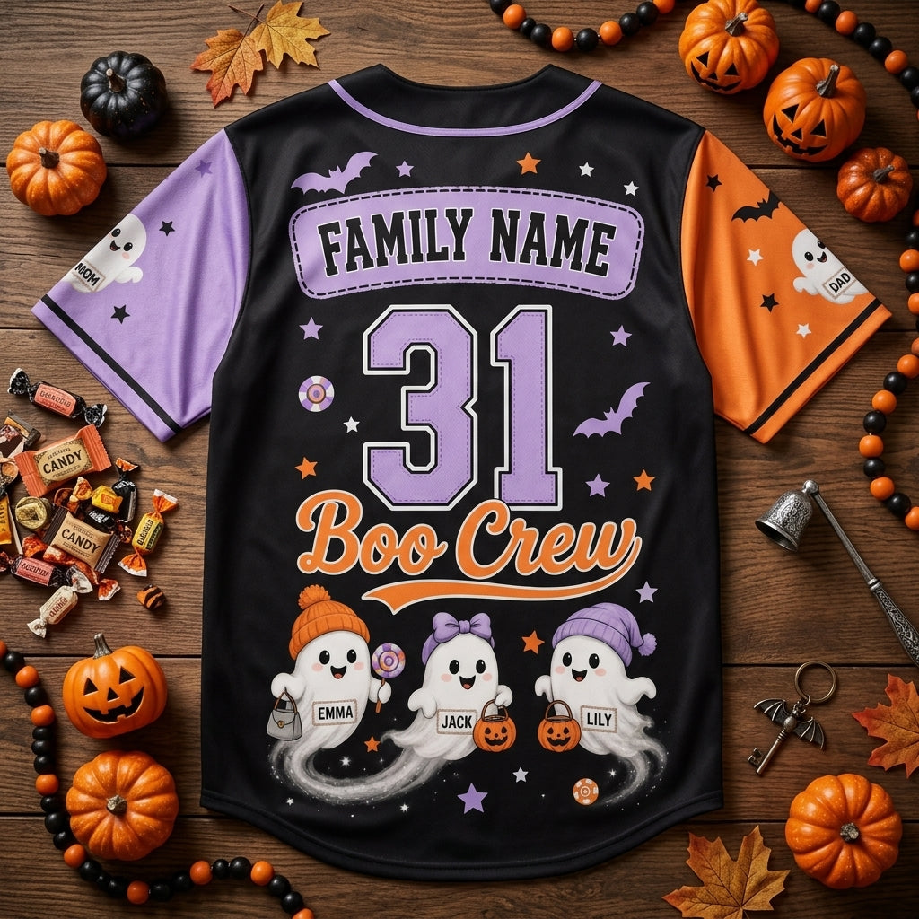 Personalized Family Name Boo Crew Halloween Baseball Jersey - Custom Ghost Family Matching Outfit