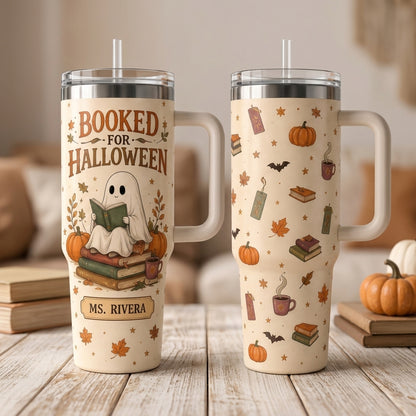 Personalized Booked for Halloween 40oz Tumbler - Custom Ghost Reading Books Gift for Teacher & Librarian