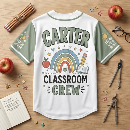 Personalized Teacher Baseball Jersey - Custom Name Classroom Crew Shirt - Sage Green Teacher Appreciation Gift