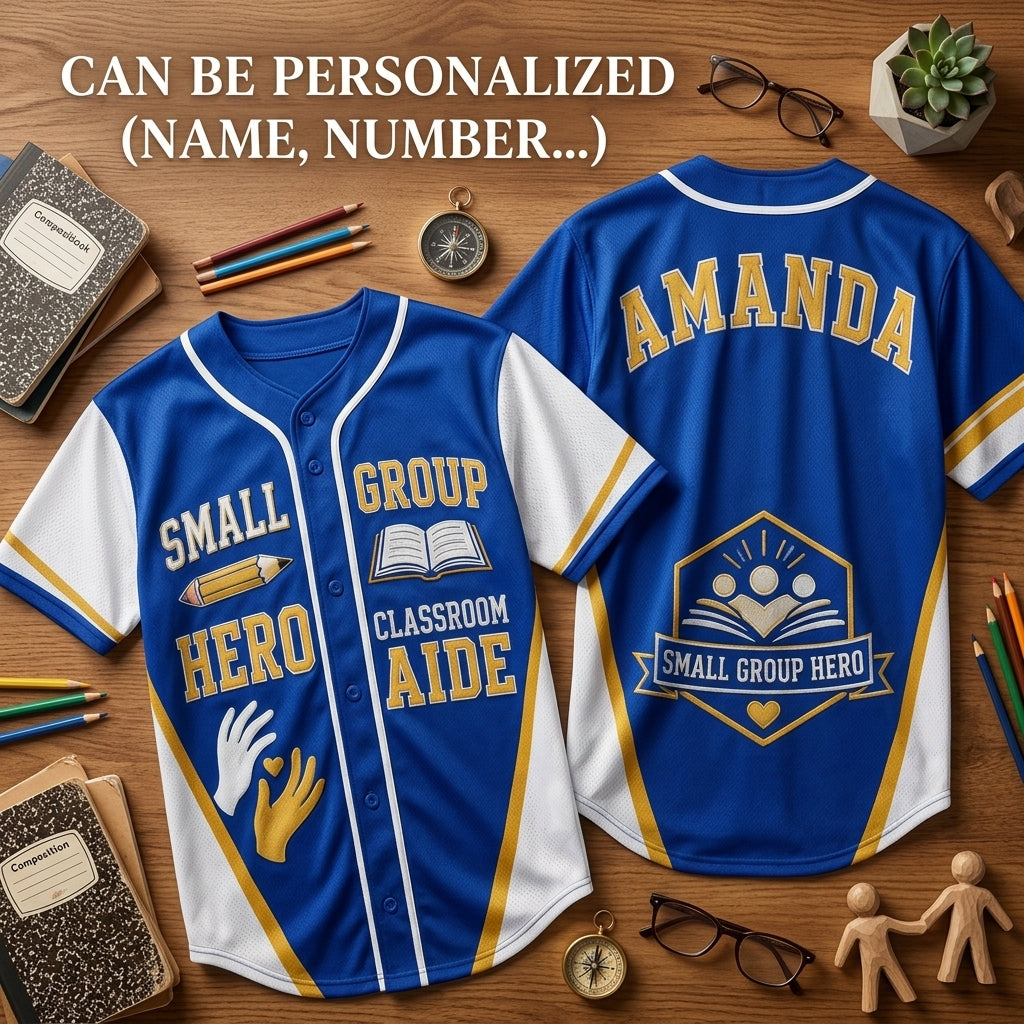 Personalized Small Group Hero Classroom Aide Baseball Jersey - Custom Teacher Appreciation Apparel