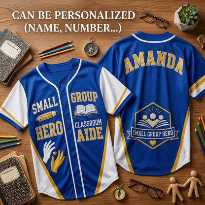 Personalized Small Group Hero Classroom Aide Baseball Jersey - Custom Teacher Appreciation Apparel