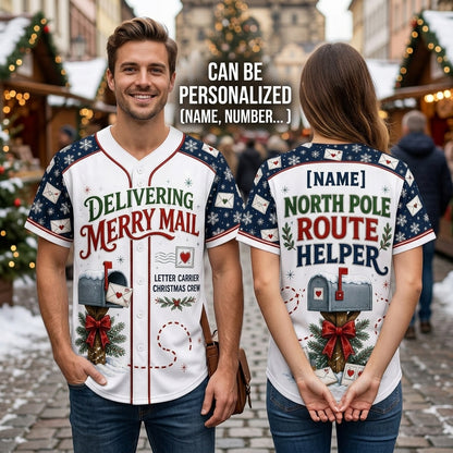 Personalized Mail Carrier Christmas Baseball Jersey - Custom Name North Pole Route Helper Postal Worker Gift