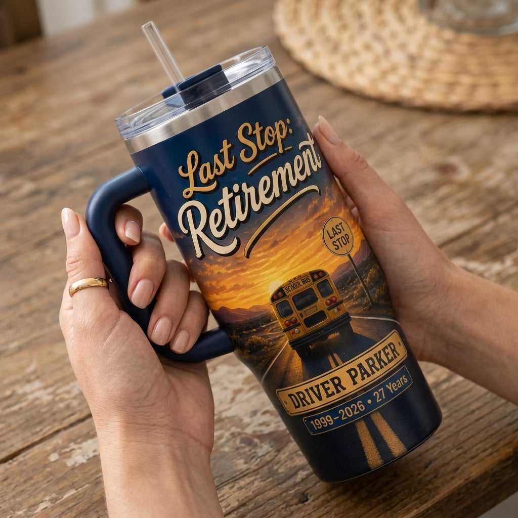 Personalized School Bus Driver Retirement 40oz Tumbler with Handle - Custom Name & Years Final Route Gift