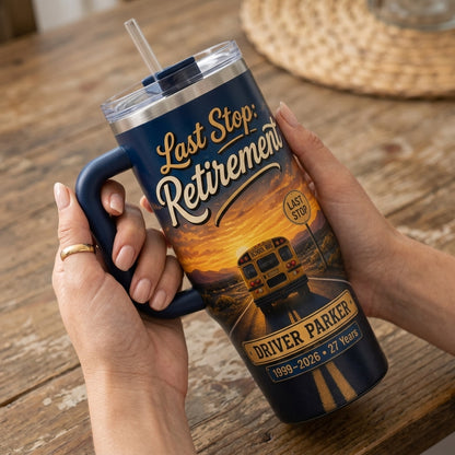 Personalized School Bus Driver Retirement 40oz Tumbler with Handle - Custom Name & Years Final Route Gift