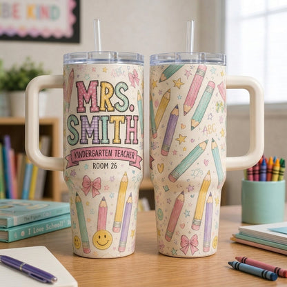 Personalized Teacher 40oz Tumbler with Handle - Custom Name & Grade Kindergarten Teacher Gift