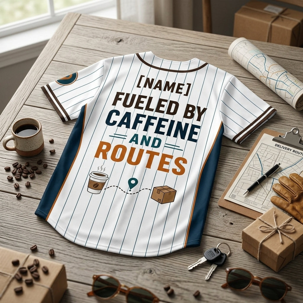 Personalized Courier Life Baseball Jersey - Custom Name Fueled by Caffeine and Routes Delivery Driver Gift