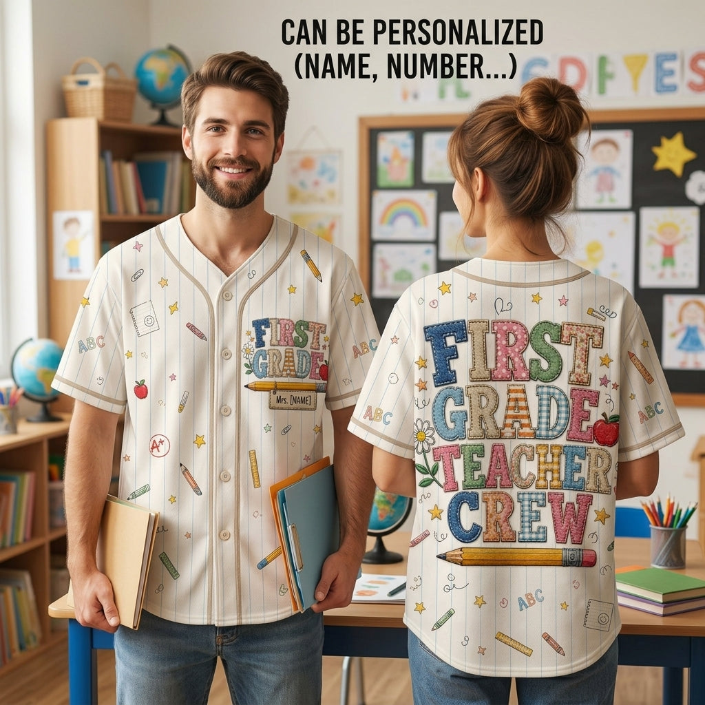 Personalized First Grade Teacher Crew Baseball Jersey - Custom School Spirit Shirt for 1st Grade Educators