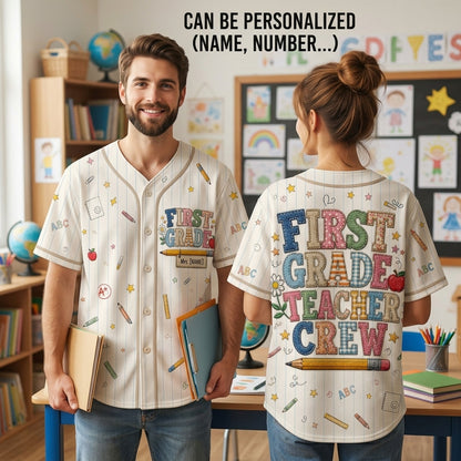 Personalized First Grade Teacher Crew Baseball Jersey - Custom School Spirit Shirt for 1st Grade Educators