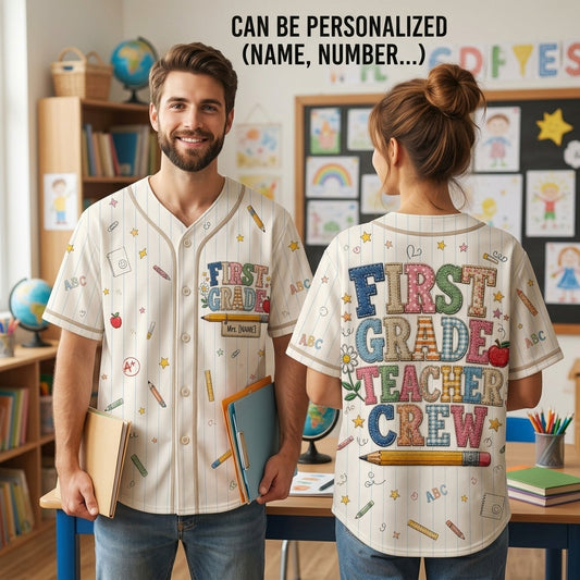 Personalized First Grade Teacher Crew Baseball Jersey - Custom School Spirit Shirt for 1st Grade Educators