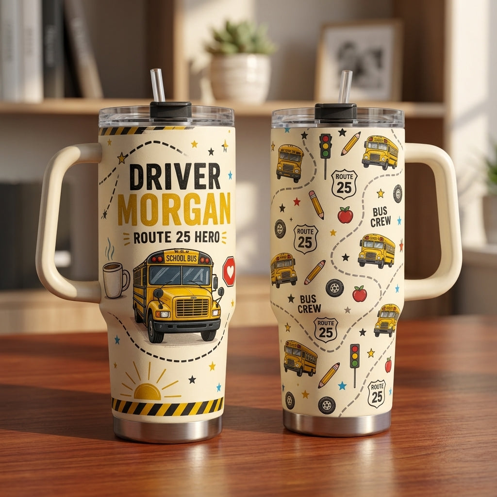 Personalized School Bus Driver 40oz Tumbler with Handle - Custom Name & Route Hero Gift