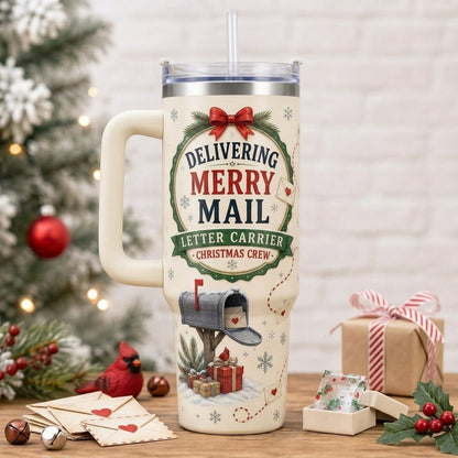 Personalized Delivering Merry Mail 40oz Tumbler with Handle - Custom Postal Worker Christmas Gift North Pole Route Helper