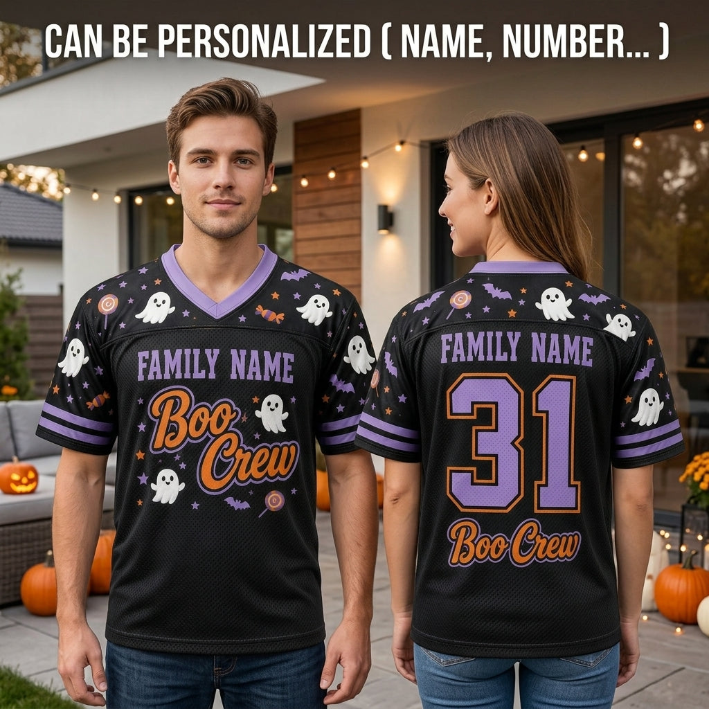 Personalized Boo Crew Halloween Football Jersey - Custom Family Name & Number Spooky Ghost Mesh Jersey