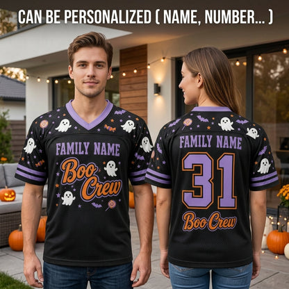 Personalized Boo Crew Halloween Football Jersey - Custom Family Name & Number Spooky Ghost Mesh Jersey
