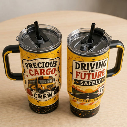 Personalized School Bus Driver Gift 40oz Tumbler with Handle - Precious Cargo Crew Design - Custom Route Number