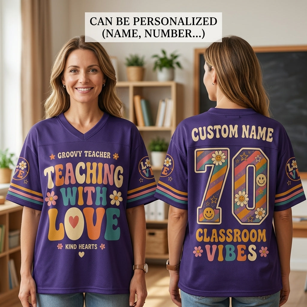 Personalized Groovy Teacher Football Jersey - Custom Name Retro Teaching With Love Classroom Vibes Mesh Sport Shirt