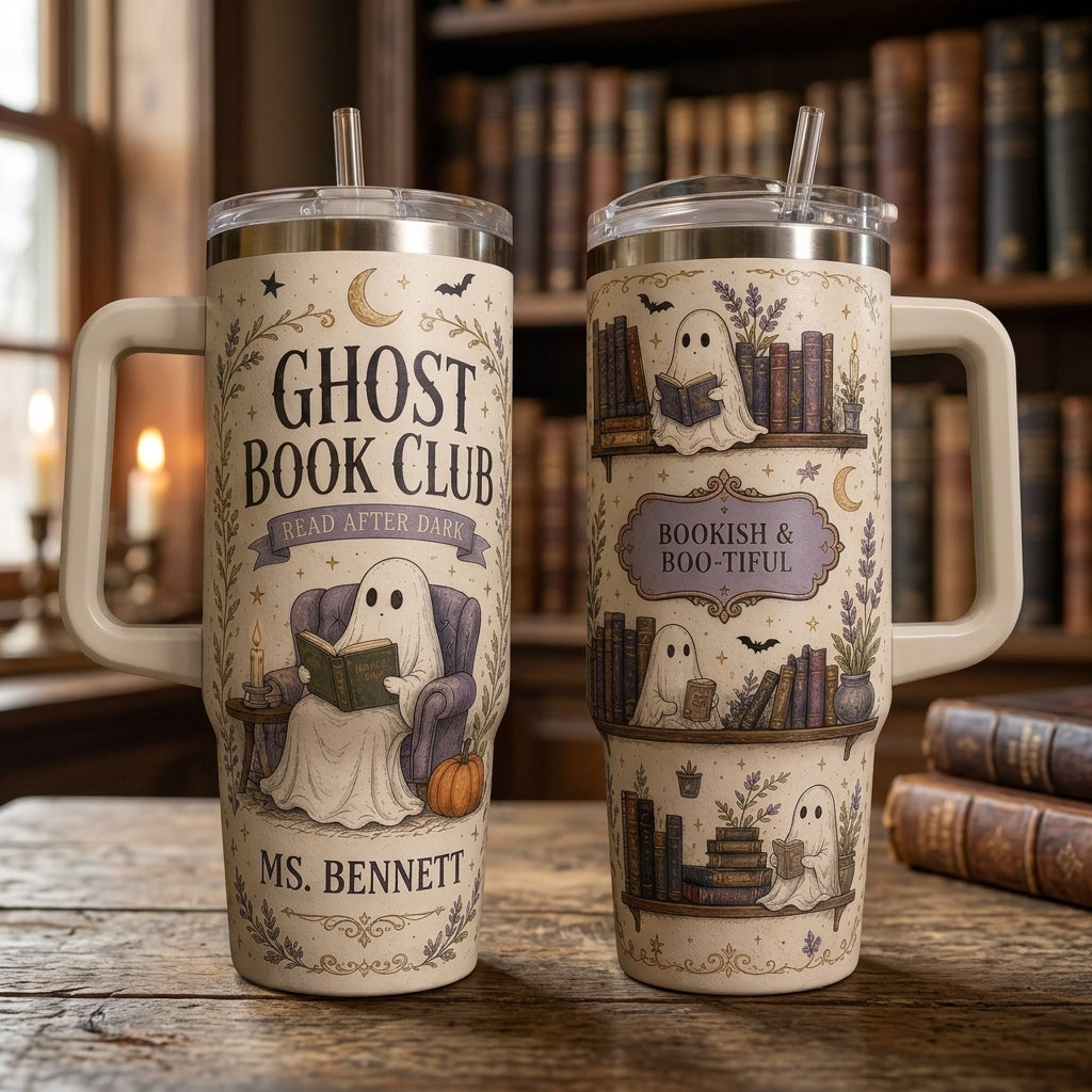 Personalized Ghost Book Club 40oz Tumbler with Handle - Custom Name Gift for Book Lovers and Teachers