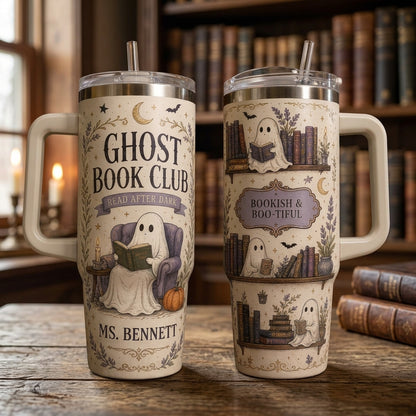 Personalized Ghost Book Club 40oz Tumbler with Handle - Custom Name Gift for Book Lovers and Teachers