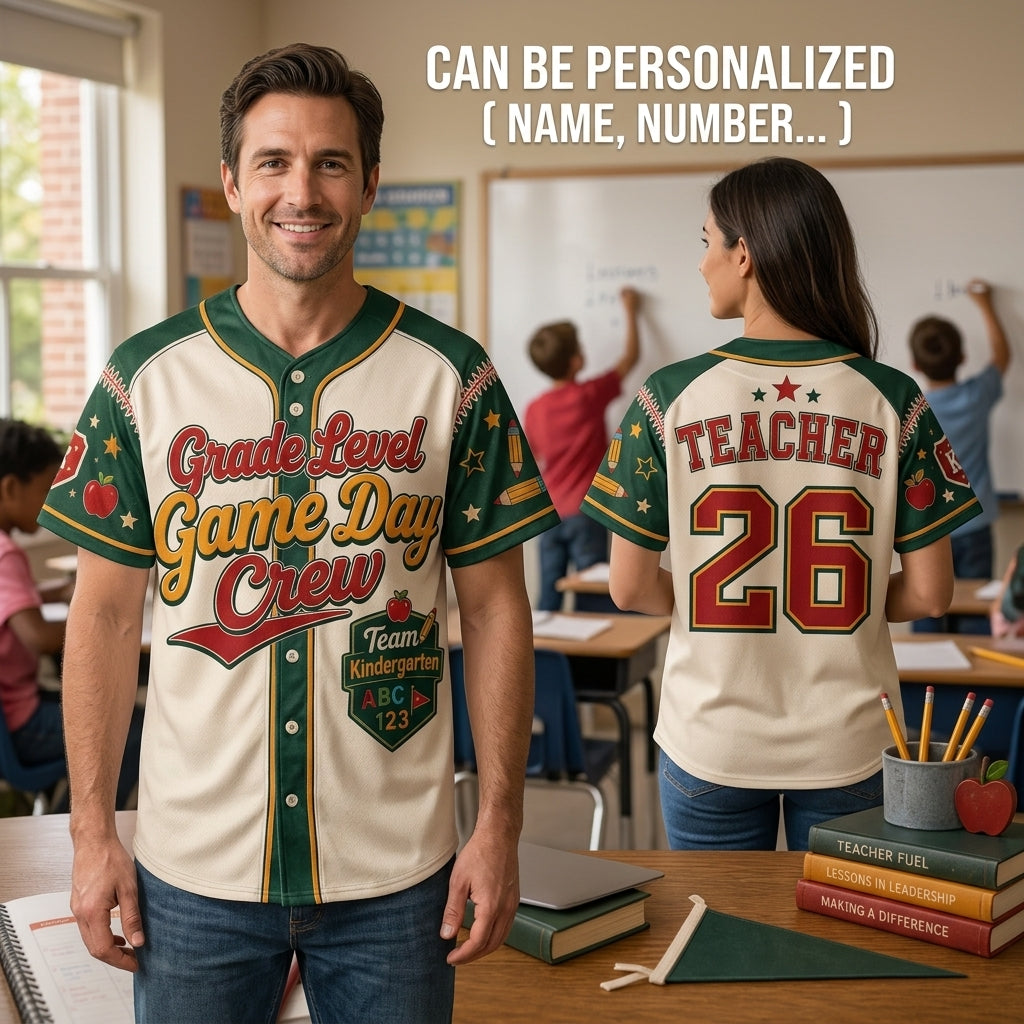 Personalized Grade Level Game Day Crew Teacher Baseball Jersey - Custom Name and Number School Spirit Shirt